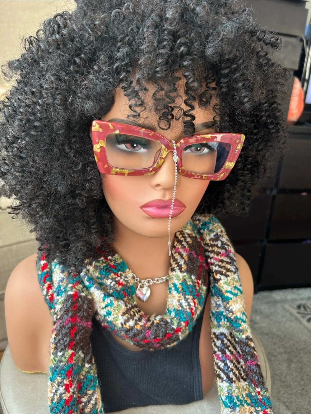 Red Floral Cat-Eye Sunglasses with Rhinestone Nose Chain